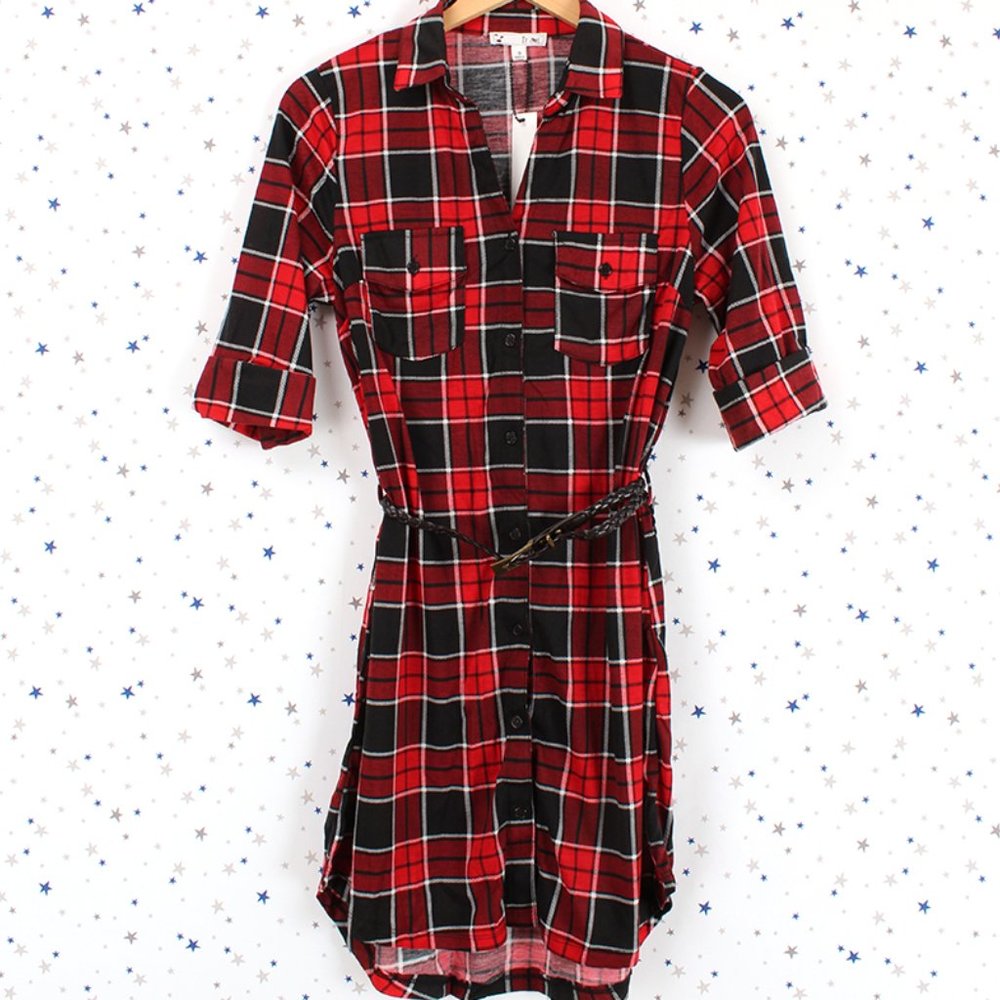 Half Sleeve Plaid Shirt Dress with Belt Red Black - Picture 6 of 8